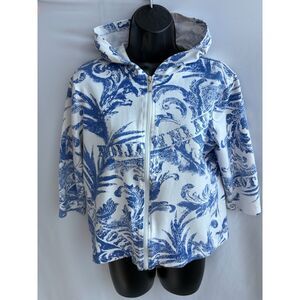 Onque Casuals Cotton Zip Hoodie Jacket Crop Sleeve Blue Tropical Floral Size M